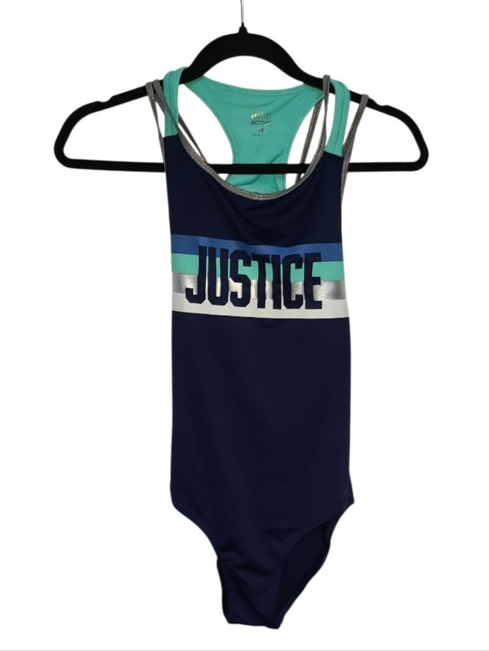 Justice Blue, Teal, & White Gymnastics Leotard w/ Scrunchie Size 18 NWT